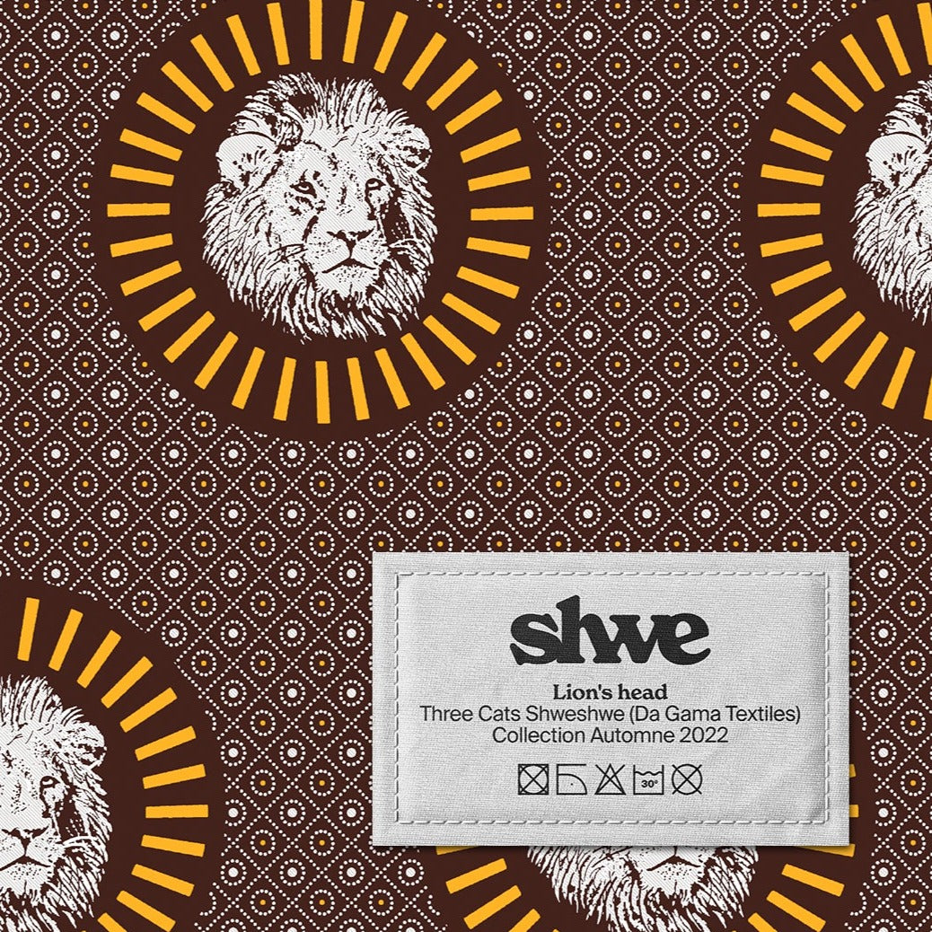 Tissu imprimé shweshwe marron avec tête de lion