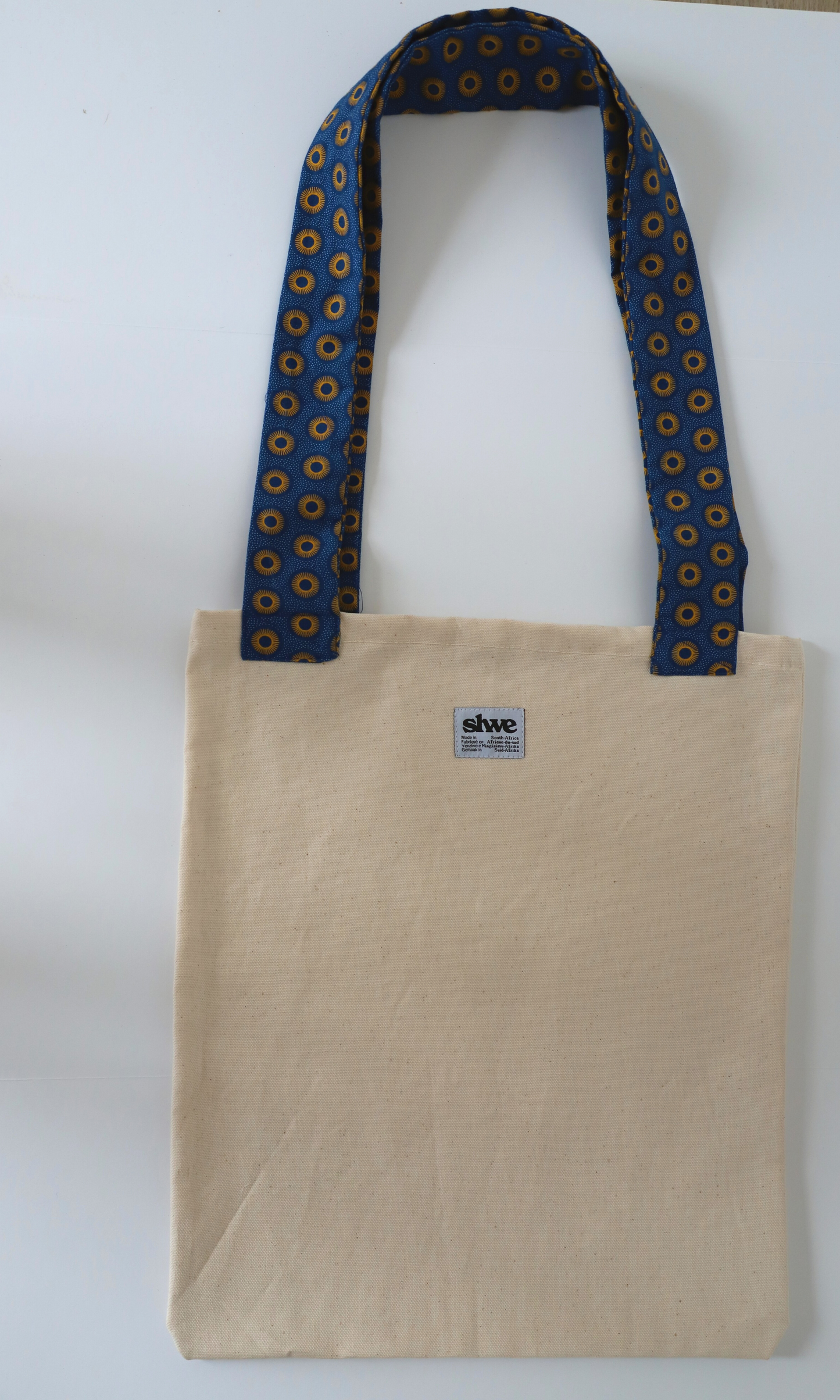 Tote bag avec bretelles en imprimé shweshwe  bleu et jaune